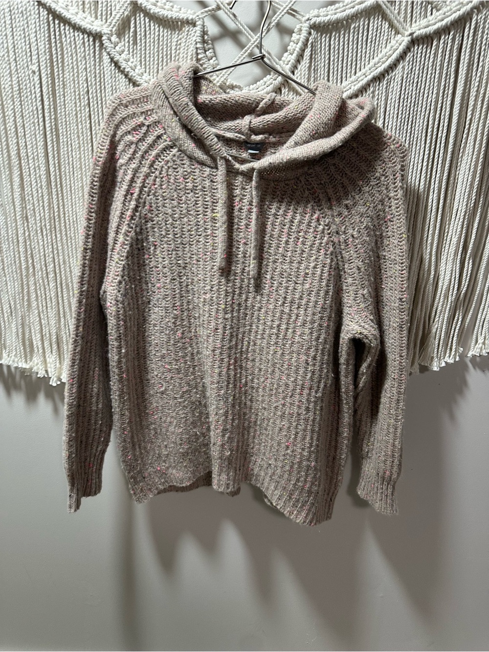 aerie Taupe Knit Hooded Crewneck Sweater with Pink Speckle